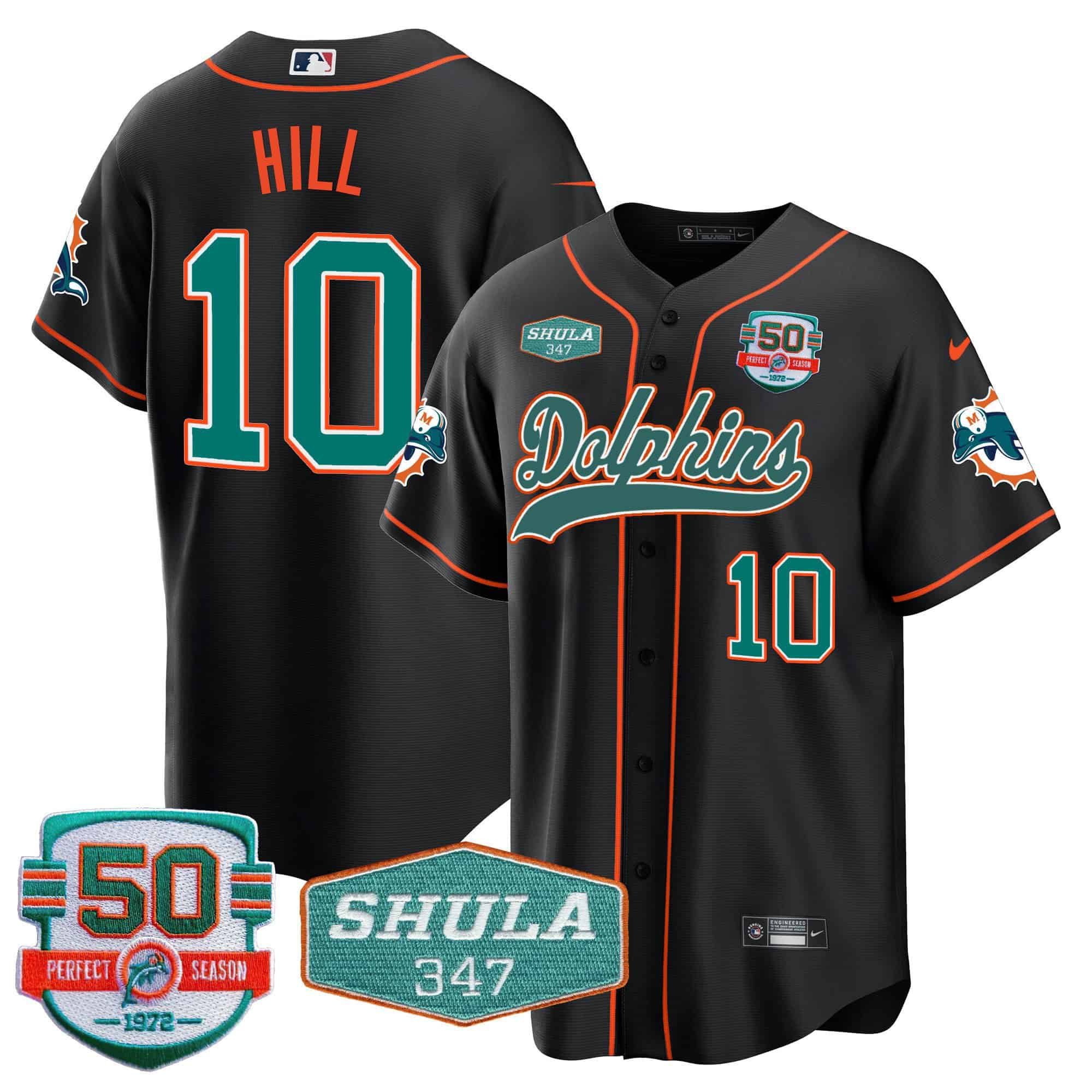 Men Miami Dolphins #10 Hill Black 2024 Nike 50th Don Shula Memorial Patch Baseball NFL Jersey style 1